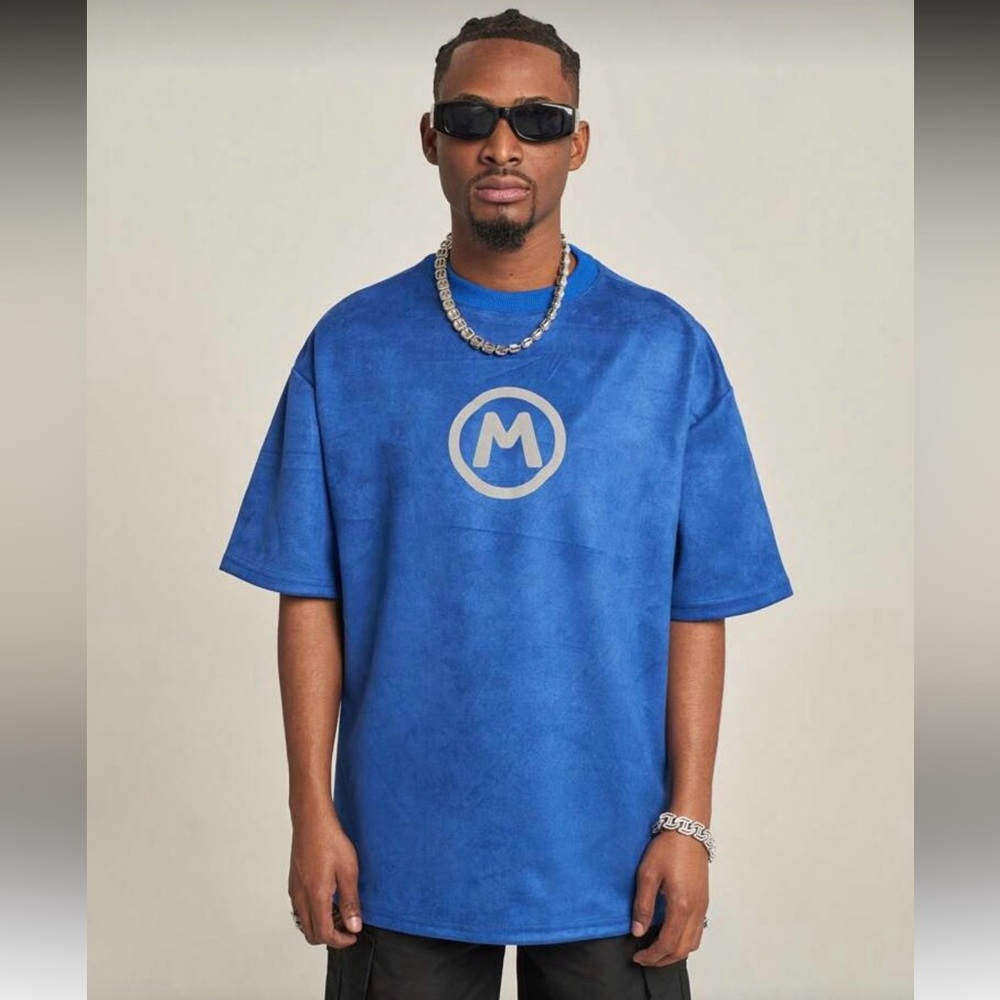 SHEIN Blue Shot Sleeve Suede T-Shirt